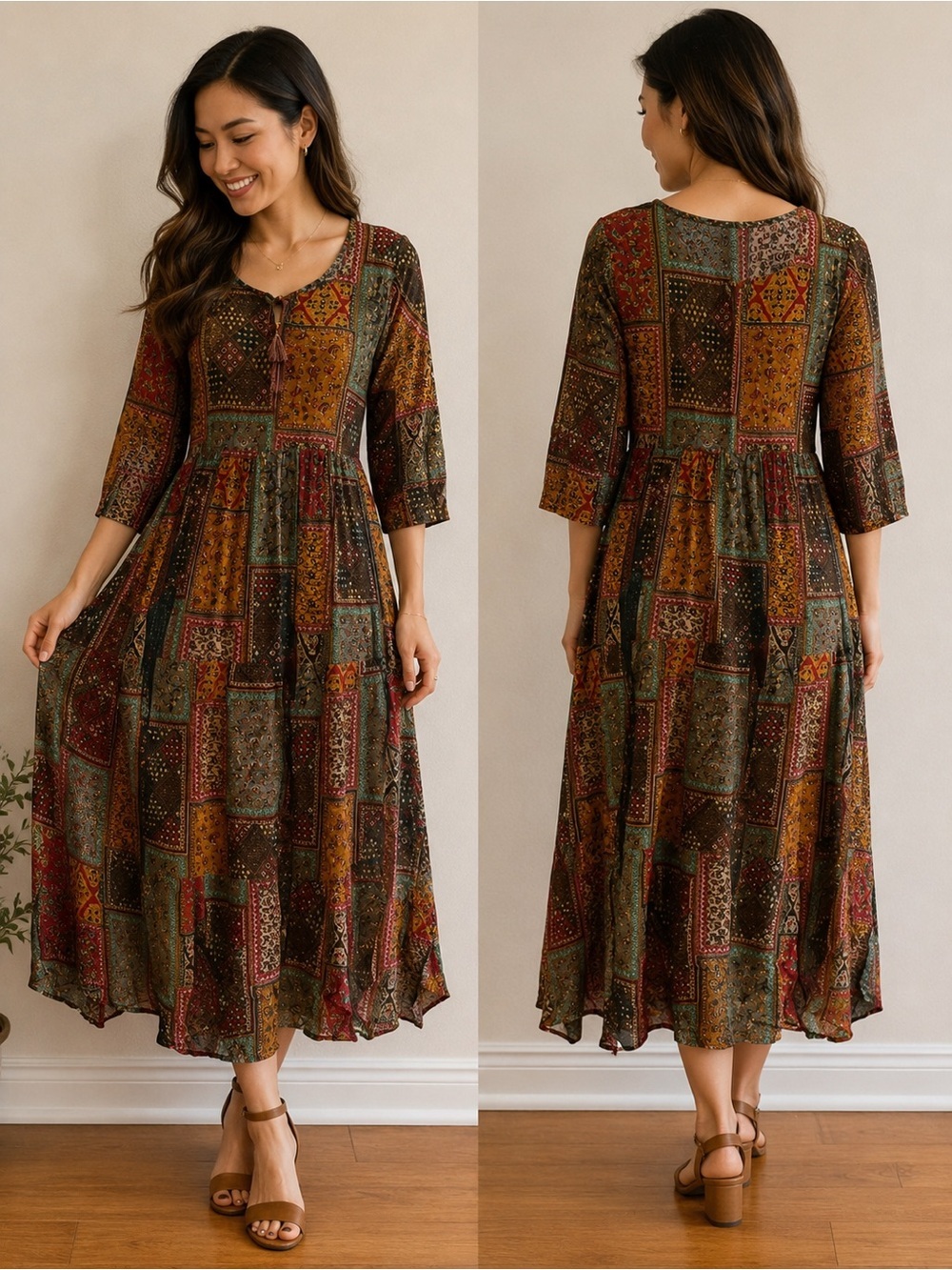 Boho Patchwork Print Maxi Dress | Size XL | 3/4 Sleeves | Tassel Tie